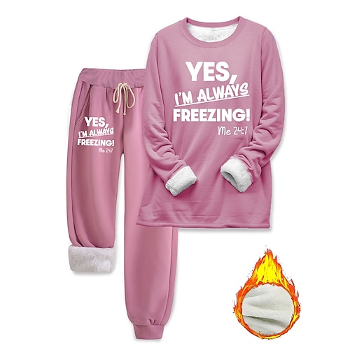 

Women's Loungewear Set Pyjamas Fleece Fluffy Long Sleeve Top and Pant Text Print Comfort Casual Home Wear Drawstring Solid Cozy Winter