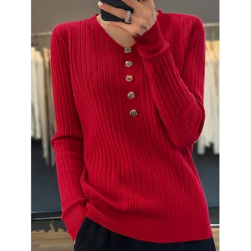 

Women's Pullover Sweater Jumper Stylish Casual Soft Solid Color Ribbed V Neck Buttons Long Sleeve Regular Tops Knit Outdoor Daily Going out Black White Fall Winter