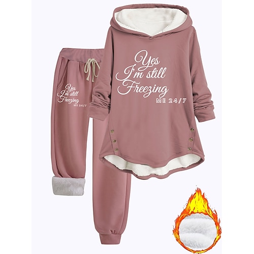 

Women's Fluffy Pyjama Set Long Sleeve Top and Pant Text Print Comfort Casual Home Wear Drawstring Solid Cozy Winter