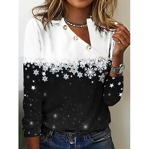 

Women's Henley Pullover Ombre Snowflake Henley Pullover Red White Long Sleeve Casual Comfort Fit Autumn Winter Holiday Top