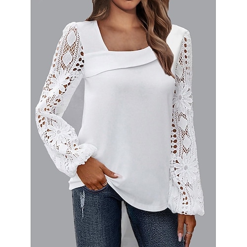 

Women's Shirt Blouse Basic Casual Solid Color Regular Tops Long Sleeve Asymmetrical Lace Patchwork Regular Fit Daily Black White Pink Fall Winter