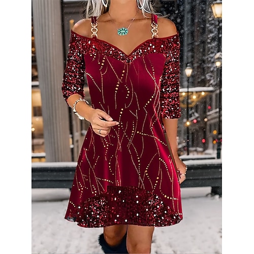 

Vestido de cóctel de lentejuelas con hombros descubiertos para mujer, color burdeos, manga tres cuartos, escote corazón, falda acampanada, vestido de fiesta de noche, corte en A, glamour festivo de