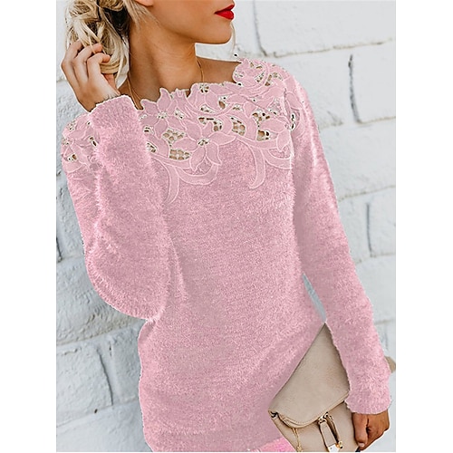 

Women's Sweater Casual Soft Pure Color Ribbed Crew Neck Lace Knitted Long Sleeve Regular Tops Knit Outdoor Daily Weekend Black Pink Fall Winter