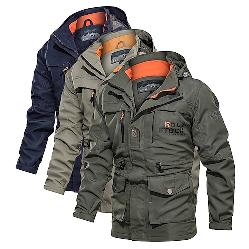 

Men's Waterproof Rain Jacket Military Cargo Jacket Tactical Jacket Casual Hooded Cargo Sports Coat Windbreaker Outdoor Warm Windproof Winter Coat Jacket Top Hunting Fishing Army Green Softshell Jacket