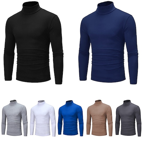 

Men's T Shirt Long Sleeve Shirt Mock Turtleneck Long Sleeve Rolled collar Plain Vintage Essential Street Black White Navy Blue Top Tee for Men