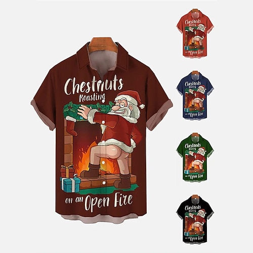 

Christmas Men's Santa Claus Printed Shirts Chestnuts funny Christmas Shirts Graphic Santa Claus Casual Outdoor Street Fall Turndown Short Sleeve Red Burgundy Dark Navy Roasting On Open Fire Cartoon