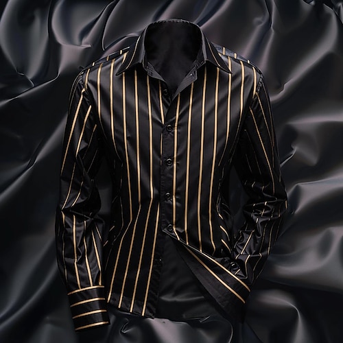 

Men's Shirt Satin Shirt Casual Shirt Striped Shirt Button Up Shirt Striped Wedding Vacation Black Navy Blue Green Long Sleeve Collar Spring & Fall Clothing Apparel