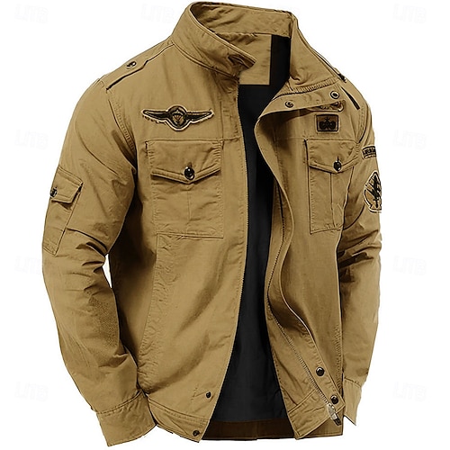 

Men's Cotton Embroidered Military Jacket Cargo Jacket with Shoulder Straps Long Sleeve Standing Collar Multi-Pockets Coat Trucker Jacket Tactical Outerwear