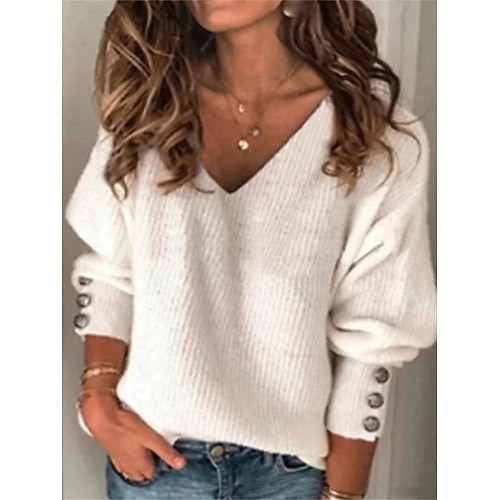 

Women's Sweater Casual Soft Pure Color Ribbed V Neck Buttons Knitted Long Sleeve Regular Tops Knit Outdoor Daily Weekend Black White Fall Winter