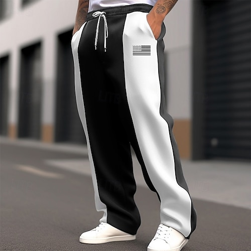 

Men's Sweatpants Trousers Straight Leg Sweatpants Pocket Drawstring Elastic Waist Color Block National Flag Comfort Christmas Sports Outdoor Fashion Casual Black Dark Blue Micro-elastic