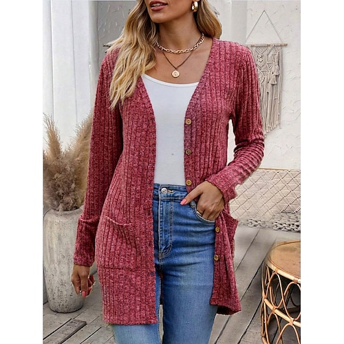 

Damen Strickjacke Asymmetrisch V Ausschnitt Gerippt Stricken Polyester Taste Tasche Gedreht Frühling Herbst Winter Standard Täglich Brautkleider schlicht Langarm Feste Farbe Glatt Wein Armeegrün Blau