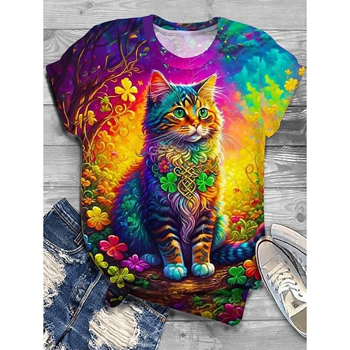 

Women's T Shirt Polyester Casual Cat Print Short Sleeve Regular Tops Round Neck Daily Black Yellow Brown Rainbow Beige Fall Winter