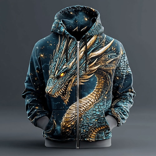 

Men's Hoodie Blue Hooded Dragon 3D Print Cool Fall Winter Clothing Apparel Hoodies Sweatshirts