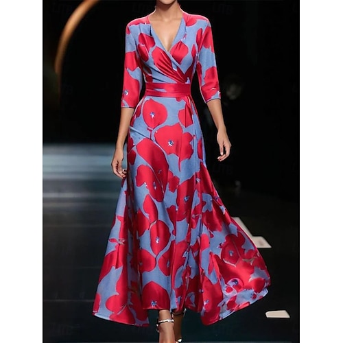 Per donna Abito maxi Vestito Casual Vestito a ruota Abito a trapezio Casual Quotidiano Vestibilità regolare Floreale Manica 3/4 Scollo a V Bianco Champagne Rosso Primavera Autunno
