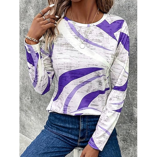  Femmes T-shirt Géométrique Occasionnel manche longue Col ras du cou Hauts Réguliers Quotidien Imprimé Bleu Violet Kaki Printemps Automne