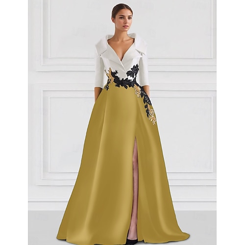 A-Linien Abendkleid Elegantes Kleid Smoking Kleid Formelles Bodenlänge Halber Ärmel Hemdkragen Champagner Brautmutter Kleid Satin mit Schlitz Stickerei Applikationen 2025