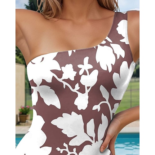  Damernas baddräkter En-delad Monokini baddräkt Rygglös Stomach Control Hög midja Slank Semester Strandkläder Blommig Asymmetrisk hals ärmlösa baddräkter