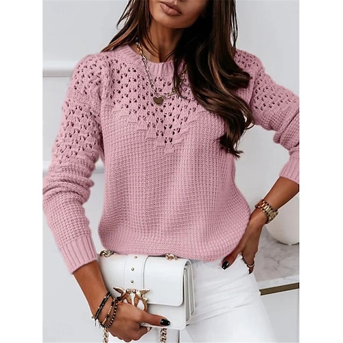 Femme Pull Chandail Décontractées Flexible Couleur monochrome A côtes Col Ras du Cou Ouvert Tricoté manche longue Hauts réguliers Tricoter Extérieur du quotidien Fin de semaine Rose Claire Bleu
