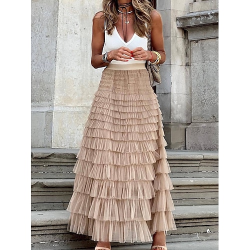 Femme Jupe longue Elégant Mode Maxi Taille haute Jupes Couleur Pleine Patchwork Vacances Soirée Noir Rose Claire Kaki Printemps, Août, Hiver, Eté Polyester