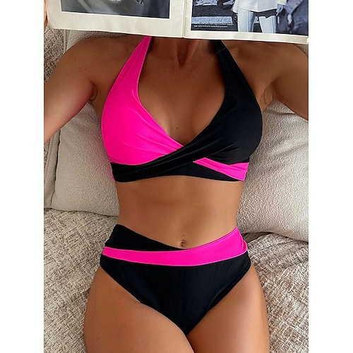 Maillots de bain femmes Bikini 2 pièces Maillot de bain dénudé Sans dos Vacances Plage Couleur unie Col halter Sans manches