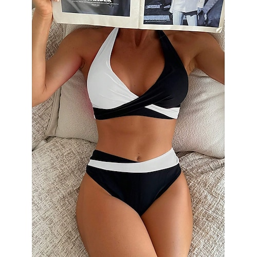  Maillots de bain femmes Bikini 2 pièces Maillot de bain dénudé Sans dos Vacances Plage Couleur unie Col halter Sans manches