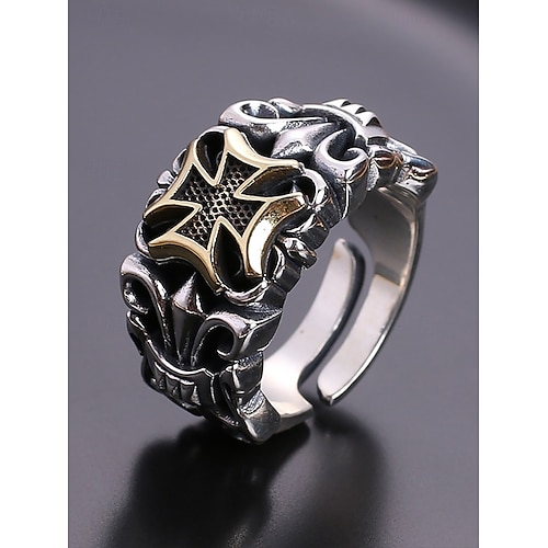 Gothic-Silberring für Herren mit Kreuzdetail – verstellbares Band im Vintage-Stil, aufwendiges Totenkopf- und Kreuzdesign für Punkrock-Mode