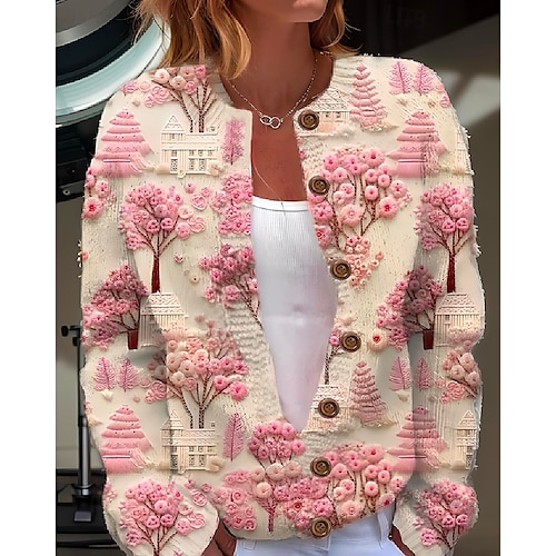 Damen Strickjacke Pullover Mit Wabenstruktur Knopfleiste Rundhalsausschnitt Langarm Leicht Damen Alltag Grafisch Tiermotivan Rundhalsprint Reguläre Tops Strick Wochenende Pink Herbst Winter