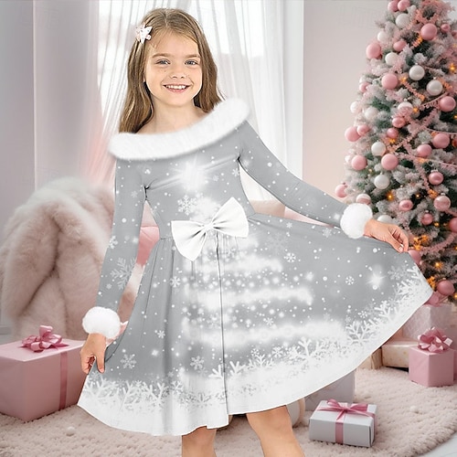 Christmas Girls' 3D Tree Christmas Dress Dress Snowflake Dress Long Sleeve  3D Print Fall Winter Sports & Outdoor Daily Holiday Cute Casual Beautiful  Kids 3-12 Years Casual Dress Swing Dress A Line