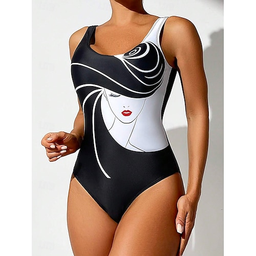  Maillots de bain pour femmes Maillot de bain une pièce Monokini dos nu Contrôle du ventre Taille haute Slim Vacances Vêtements de plage Imprimé géométrique en U sans manches