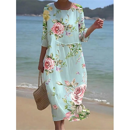 Femmes Robe Midi Robes en coton et lin Robe Décontractée Occasionnel Quotidien Coupe régulière Fleuri Manche 3/4 Col ras du cou Blanche Orange Vert Été Printemps