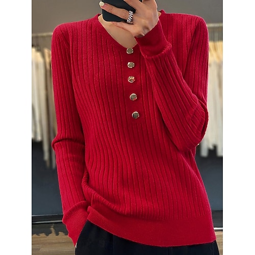 Femme Pull mode Décontractées Flexible Couleur unie A côtes Col V Boutons manche longue Hauts réguliers Tricoter Extérieur du quotidien Sortie Noir Blanche Automne Hiver