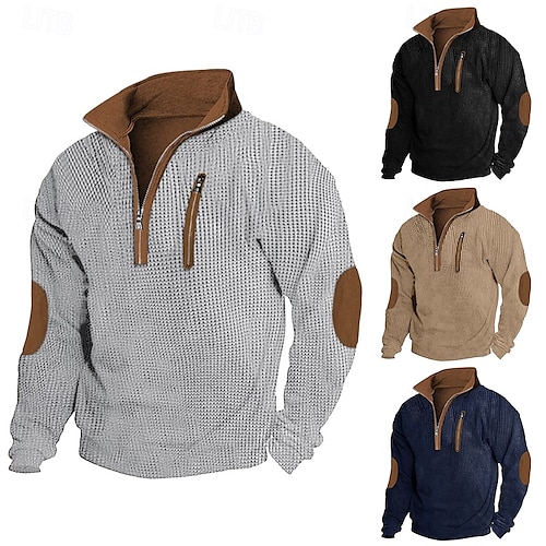 رجالي تي شيرت تي شيرت منسوج بالوافل تي الأعلى قميص طويل الأكمام كم طويل ربع الرمز البريدي ربيع & الصيف ألوان متناوبة موضة مصمم أساسي بقع سحاب عطلة شارع مناسب للخارج أسود أزرق سماوي كاكي تي شيرت للرجال