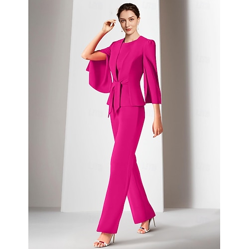 Femmes costumes 2 pièces robe demoiselle d honneur Fête de mariage Chiffon Élégant Echarpe incluse Manches 3/4 plissées Longueur cheville