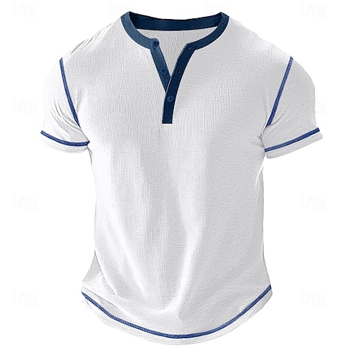  Men's Waffle Henley Shirt Tee Short Sleeve Solid Color Buttons Henley Outdoor Casual Daily Summer Black White Yellow Henley T-Shirt