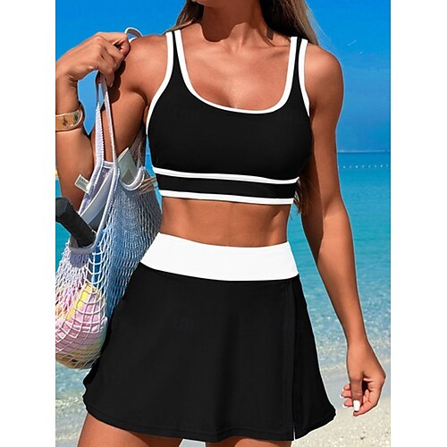 Femme Maillots de Bain Bikinis 2 pièces Jupe Maillot de bain Dos Nu Mince Vacances Tenues de plage Couleur unie Col en U Sans Manches Maillots de bain