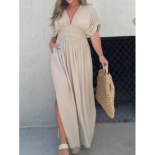 Femmes Robe maxi Robes inspirées du lin Robe Décontractée Robe unie Occasionnel Sport & Loisir Rue Coupe régulière Uni Demi Manches Col en V Vin Orange Abricot Été Printemps Automne
