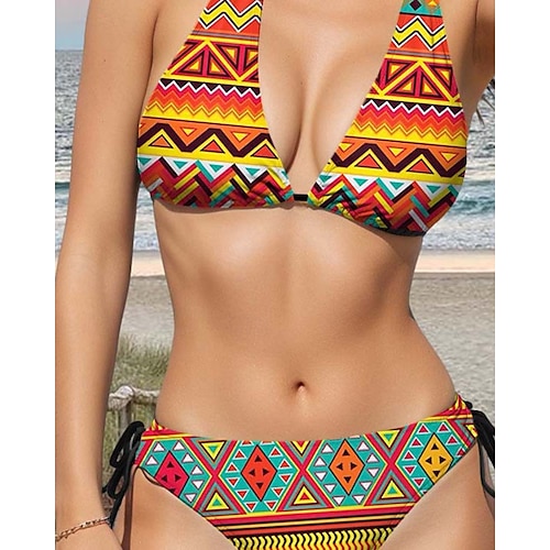  Maillots de bain femme bikini 2 pièces maillot de bain sexy dos nu slim vacances vintage géométrique col en V sans manches