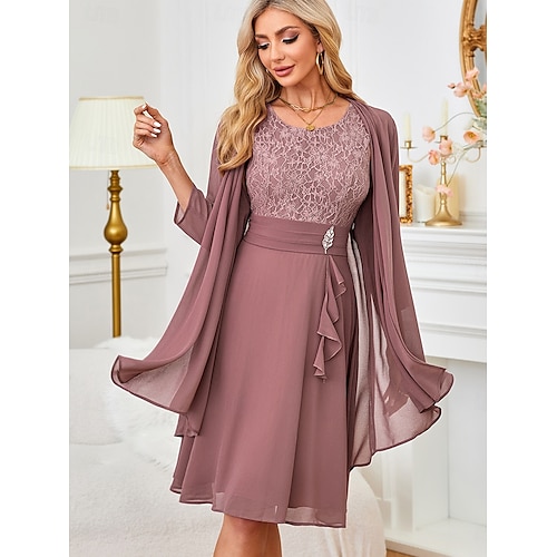 Femmes Robe Longueur Genou Robe Ensemble Robe d'invité de mariage Robe en dentelle blanche avec manches Robe avec veste Élégant Formel robe demoiselle d honneur Cocktail Coupe régulière Uni Manche 3/4