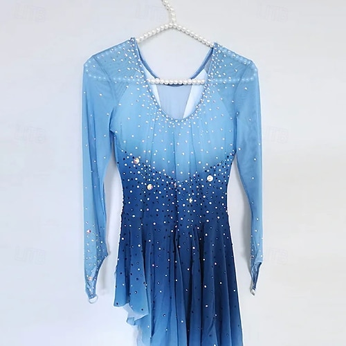 blue ombre figure skating dress Our dress for our client Jennifer last season, skating to 'Life' by Ludovico Einaudi. It is a pink/blue ombr design with gathered panels and asymmetrical style #figureskating #figure skater #figureskate #skatingdress #skatingcostume #