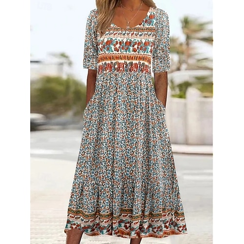 Pentru femei Rochii Midi Rochie A line Rochie Fit And Flare Vacanță Casual Boho În aer liber Ieșire Fit regulat Floral Grafic Manșon Jumate Crewneck Verde Intens Bleumarin Fucsia Trifoi Vară