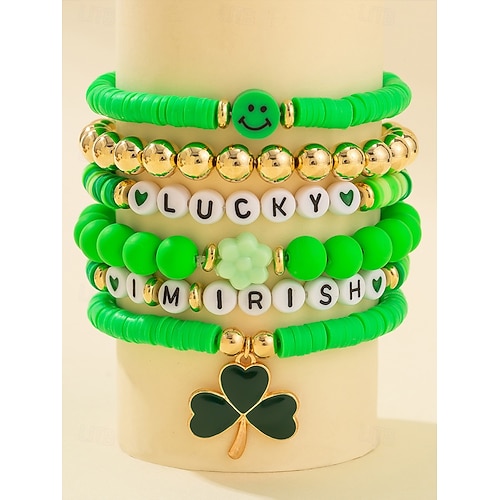 St. Patrick's Day Lucky Charm Bracelets – Irish Green Beaded Stretch Bracelet Set for Women, Festive Holiday Accessories with Shamrock and Letter Details