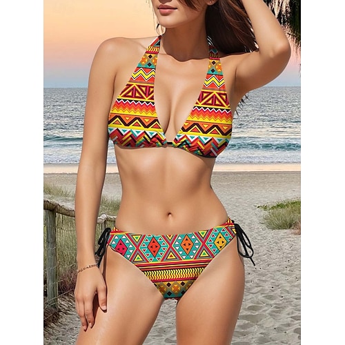  Maillots de bain femme bikini 2 pièces maillot de bain sexy dos nu slim vacances vintage géométrique col en V sans manches