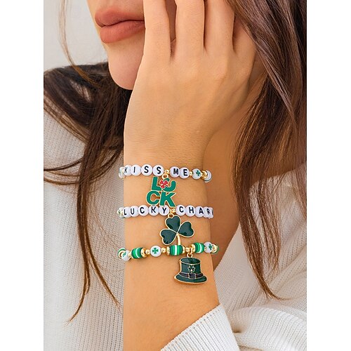  St. Patrick's Day Lucky Charm Bracelets – Irish Green Beaded Stretch Bracelet Set for Women, Festive Holiday Accessories with Shamrock and Letter Details