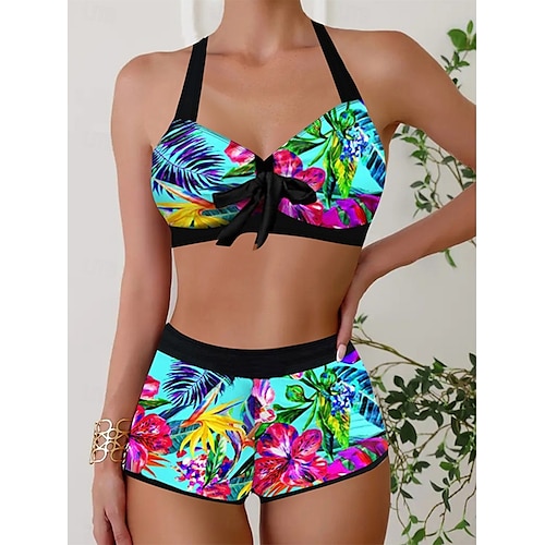 Damen Badeanzug Bikinis 2 Stück Junge Bein Bademode Rückenfrei Schlank Urlaub Strandbekleidung Graphic Halfterhals Ärmellos Badeanzüge
