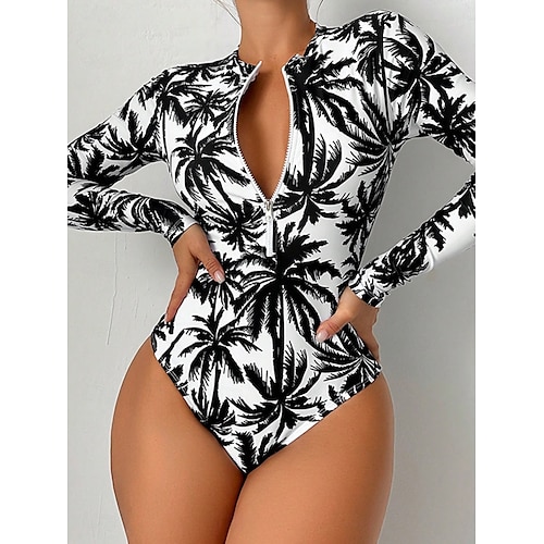 Femme Maillots de Bain Une pièce Monokini Maillot Anti UV Maillot de bain Dos Nu Zippé Contrôle du Ventre Taille haute Mince Vacances Tenues de plage Graphic Col Haut manche longue Maillots de bain