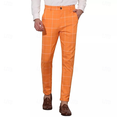 Men's Geometric Plaid Dress Pants Mid Waist Casual Outdoor Vacation Home  Zipper Pocket Summer Spring Fall 3D Print Black Red Orange 2026 - GBP 25