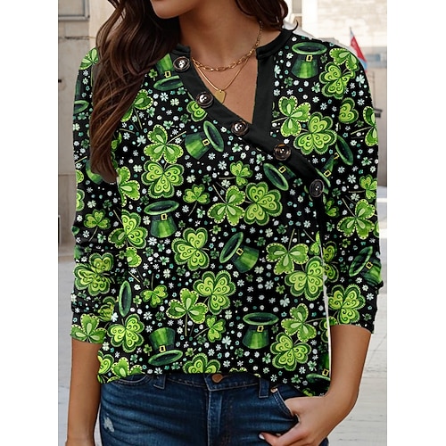  St. Patrick's Day Women's T Shirt Shamrock Casual Long Sleeve V Neck Regular Tops Daily Buttons Print Green Spring Fall