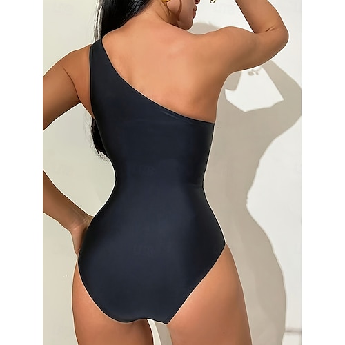  Damernas baddräkter Helfärgad monokini baddräkt rygglös magkontroll hög midja slim semester strandkläder leopardblad asymmetrisk halsärmlös baddräkt
