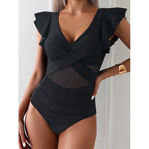 Femme Maillots de Bain Une pièce Monokini Maillot de bain A Volants Dos Nu Contrôle du Ventre Taille haute Mince Vacances Tenues de plage Couleur unie Col V Sans Manches Maillots de bain