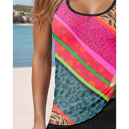  Maillots de bain femmes Tankini 2 pièces maillot de bain boy leg sans dos vêtements de plage de vacances léopard U cou sans manches